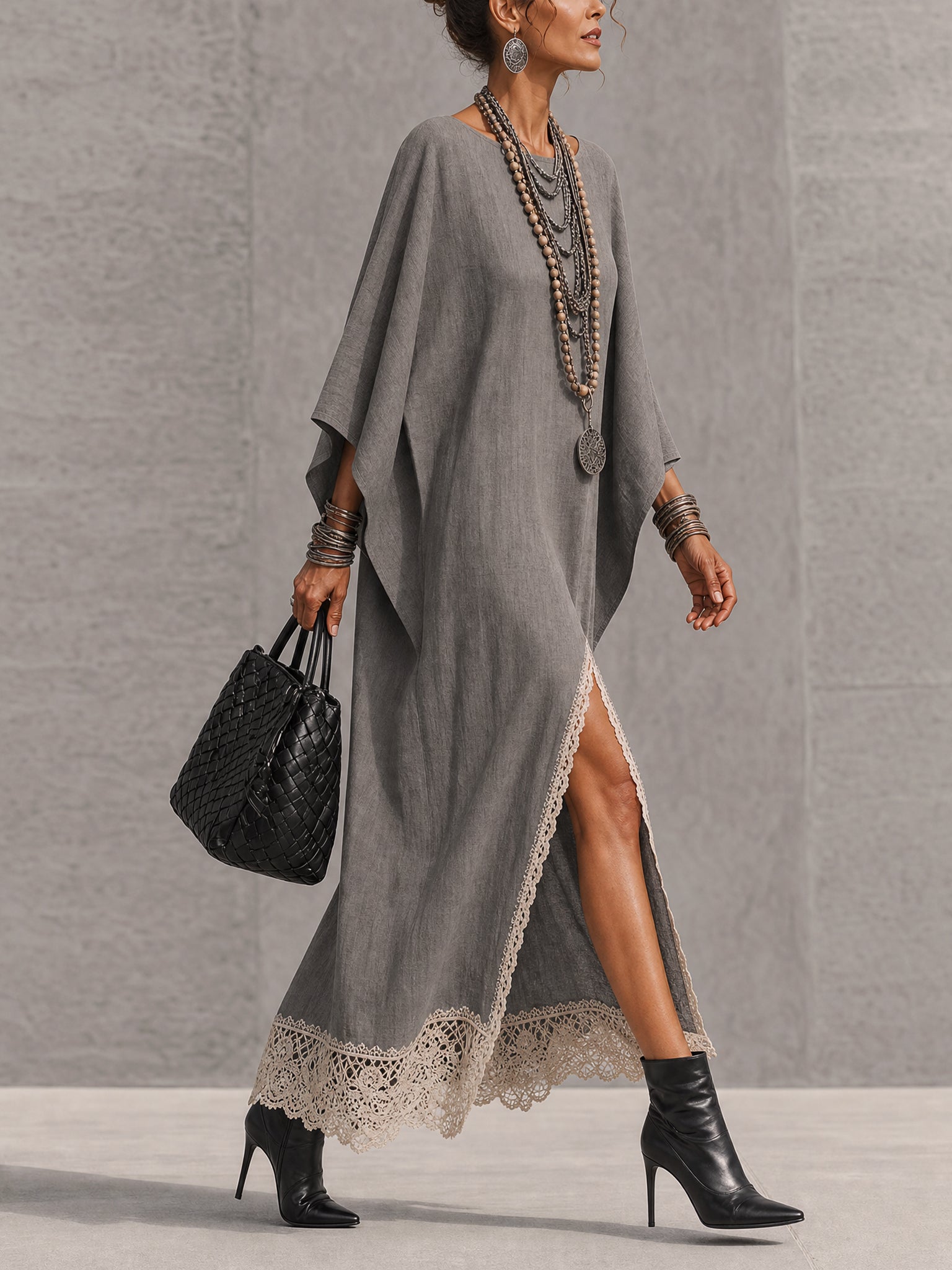 Gray Linen Blend Asymmetrical Long Sleeve Maxi Dress With Lace