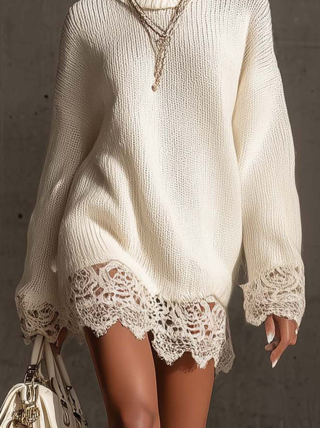 24-Hour-Shipping White Turtleneck Knit Mini Dress With Lace Trim