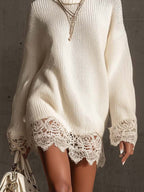 24-Hour-Shipping White Turtleneck Knit Mini Dress With Lace Trim