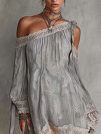 24-Hour-Shipping Light Gray Paisley Print Chiffon One Shoulder Lace Trim Mini Dress