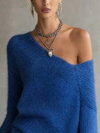 24-Hour-Shipping Blue Off‑Shoulder Mohair Sweater Dress With Lace Hem