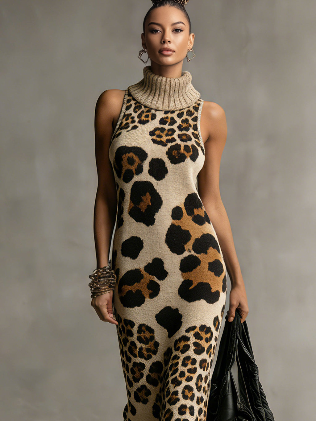 24-Hour-Shipping Brown Irregular Leopard Print Knitted Tassel Sleeveless Maxi Dress