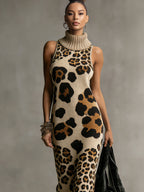 24-Hour-Shipping Brown Irregular Leopard Print Knitted Tassel Sleeveless Maxi Dress