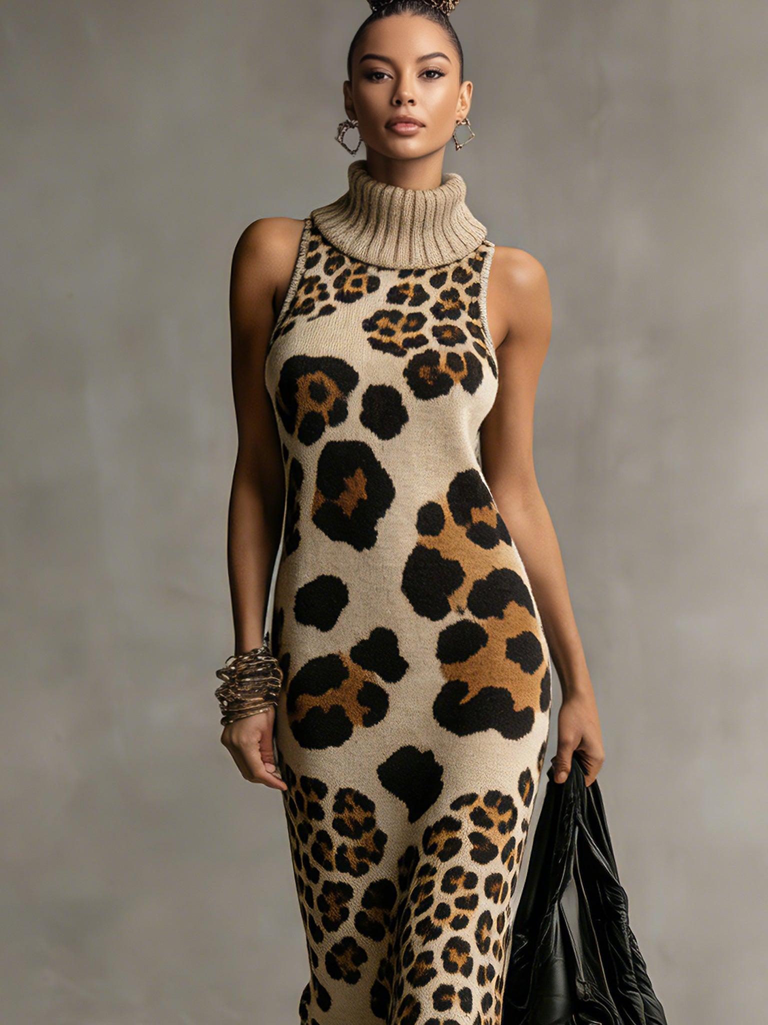 24-Hour-Shipping Brown Irregular Leopard Print Knitted Tassel Sleeveless Maxi Dress