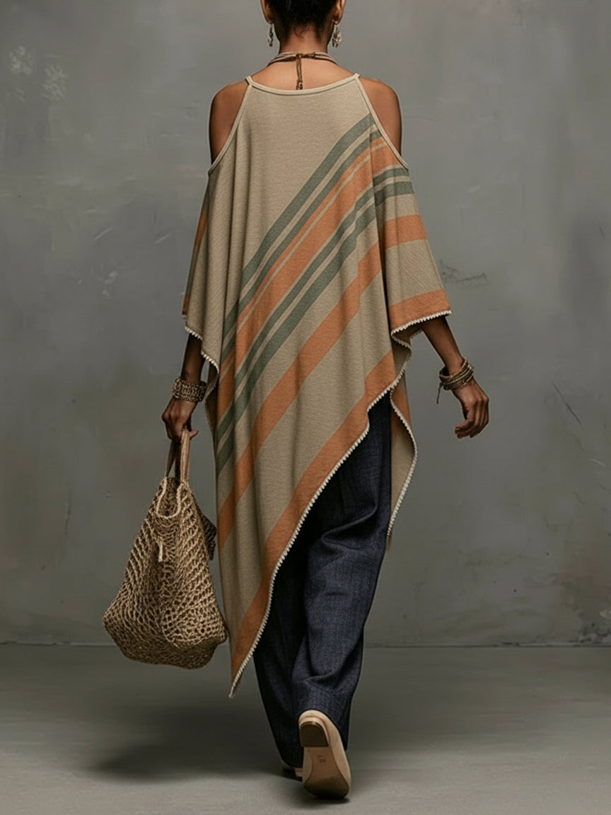 24-Hour-Shipping Khaki Linen Blend Printed Off Shoulder Dress With Fringe Hem