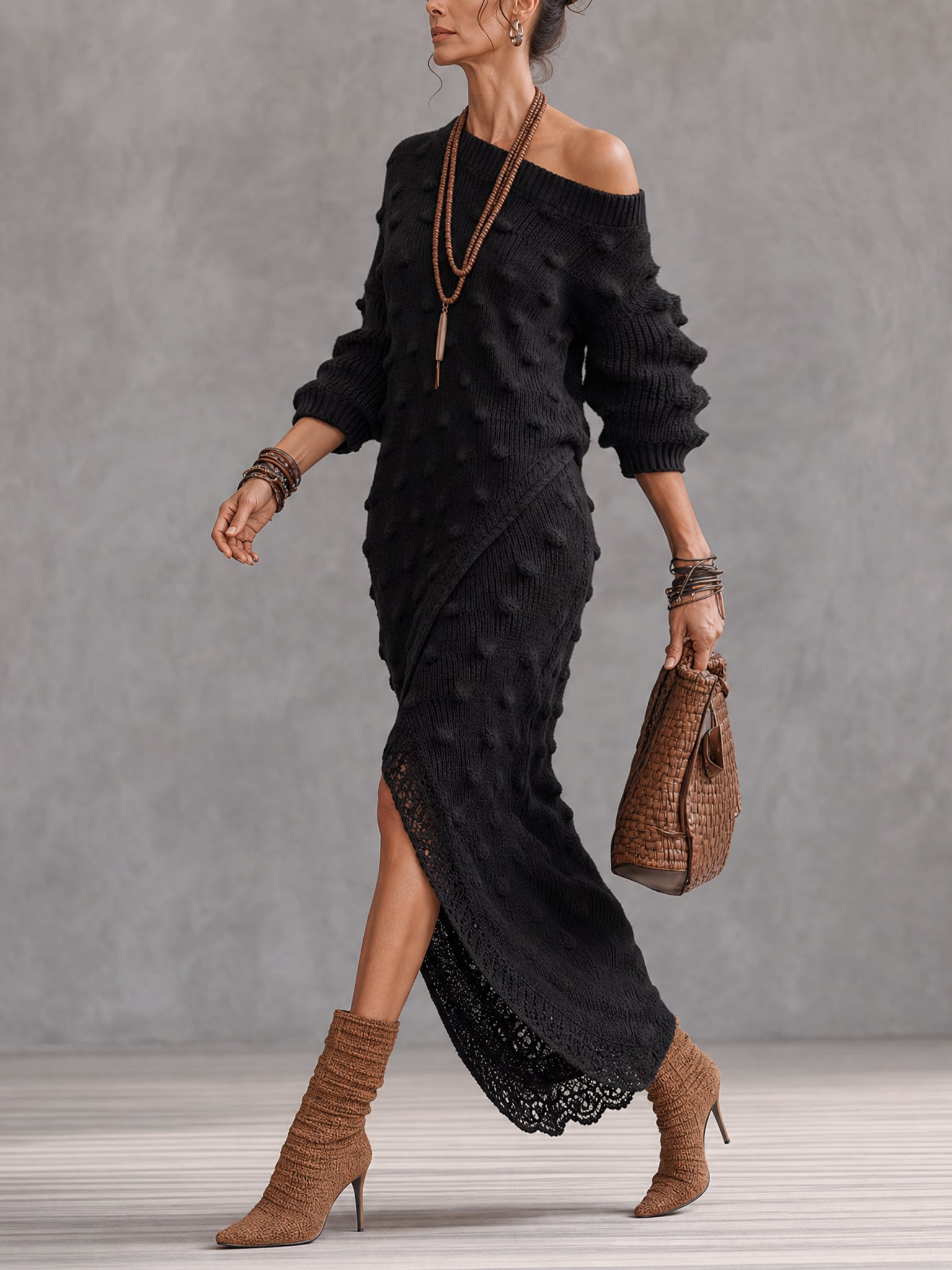 Black Textured Off Shoulder Knit Maxi Dress