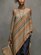 24-Hour-Shipping Khaki Linen Blend Printed Off Shoulder Dress With Fringe Hem