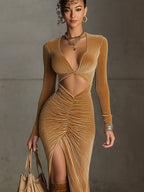24-Hour-Shipping Camel Velvet Openwork Long Sleeve Bodycon Dress