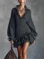 24-Hour-Shipping Gray Knit Mini Dress With Ruffled V-Neckline And Chiffon Hem