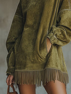 24-Hour-Shipping Olive Faux Suede Turtleneck Dress With Fringe Hem
