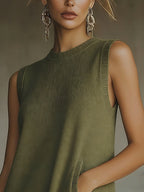 24-Hour-Shipping Olive Green Sleeveless Knit Mini Dress With Fringe Hem