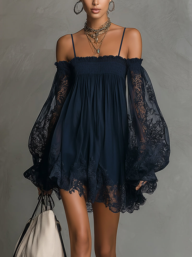 24-Hour-Shipping Navy Off-Shoulder Lace Trim Chiffon Mini Dress With Sheer Sleeves