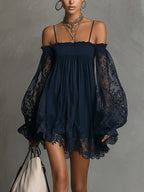 24-Hour-Shipping Navy Off-Shoulder Lace Trim Chiffon Mini Dress With Sheer Sleeves