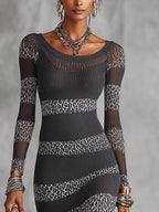 24-Hour-Shipping Gray And White Knit Bodycon Dress With Leopard Stripe Detailing
