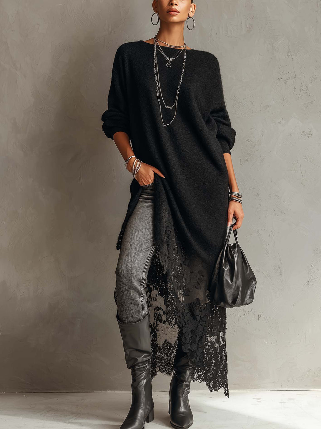 24-Hour-Shipping Black Loose Fit Mohair Knit Midi Dress With Lace Hem
