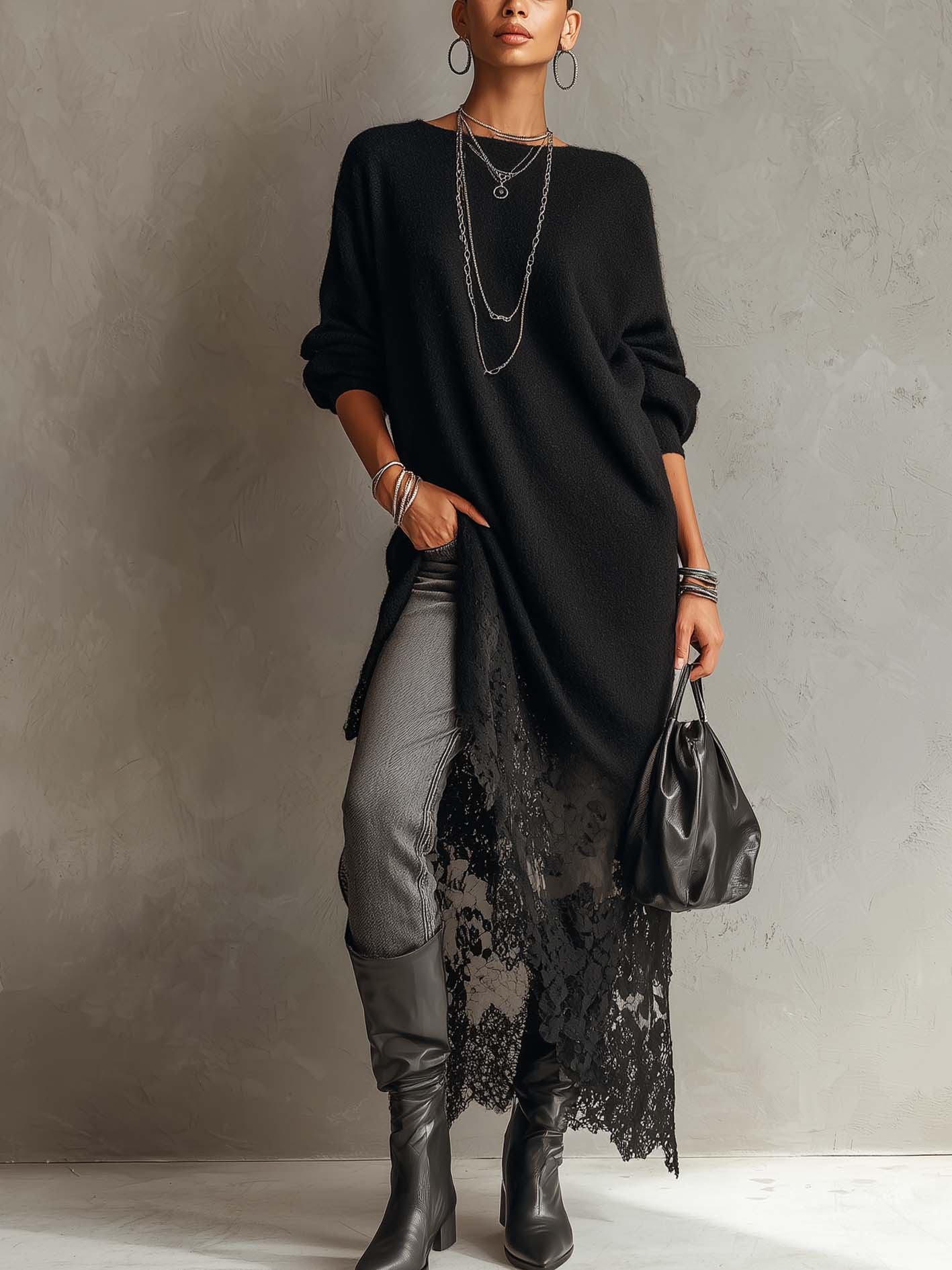 24-Hour-Shipping Black Loose Fit Mohair Knit Midi Dress With Lace Hem