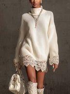 24-Hour-Shipping White Turtleneck Knit Mini Dress With Lace Trim