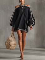 24-Hour-Shipping Black Boho Cold Shoulder Lantern Sleeve Linen Mini Dress