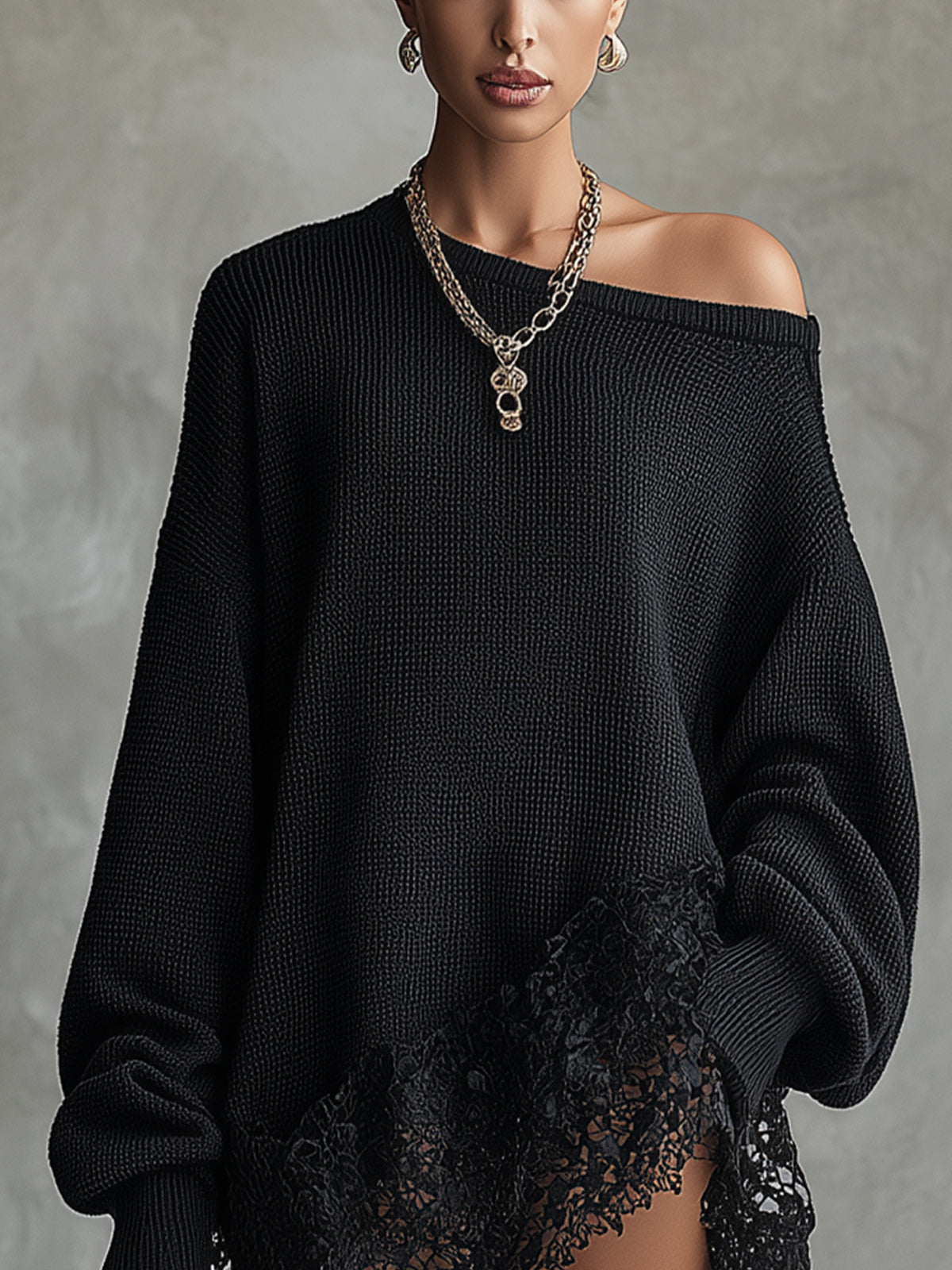 24-Hour-Shipping Black Oversized Mini Dress With Lace Hem