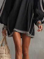 24-Hour-Shipping Black Boho Cold Shoulder Lantern Sleeve Linen Mini Dress