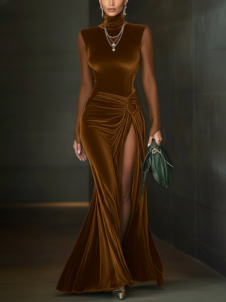 24-Hour-Shipping Emerald Green Velvet Mesh Sleeve High Slit Maxi Dress