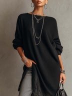 24-Hour-Shipping Black Loose Fit Mohair Knit Midi Dress With Lace Hem