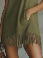 24-Hour-Shipping Olive Green Sleeveless Knit Mini Dress With Fringe Hem