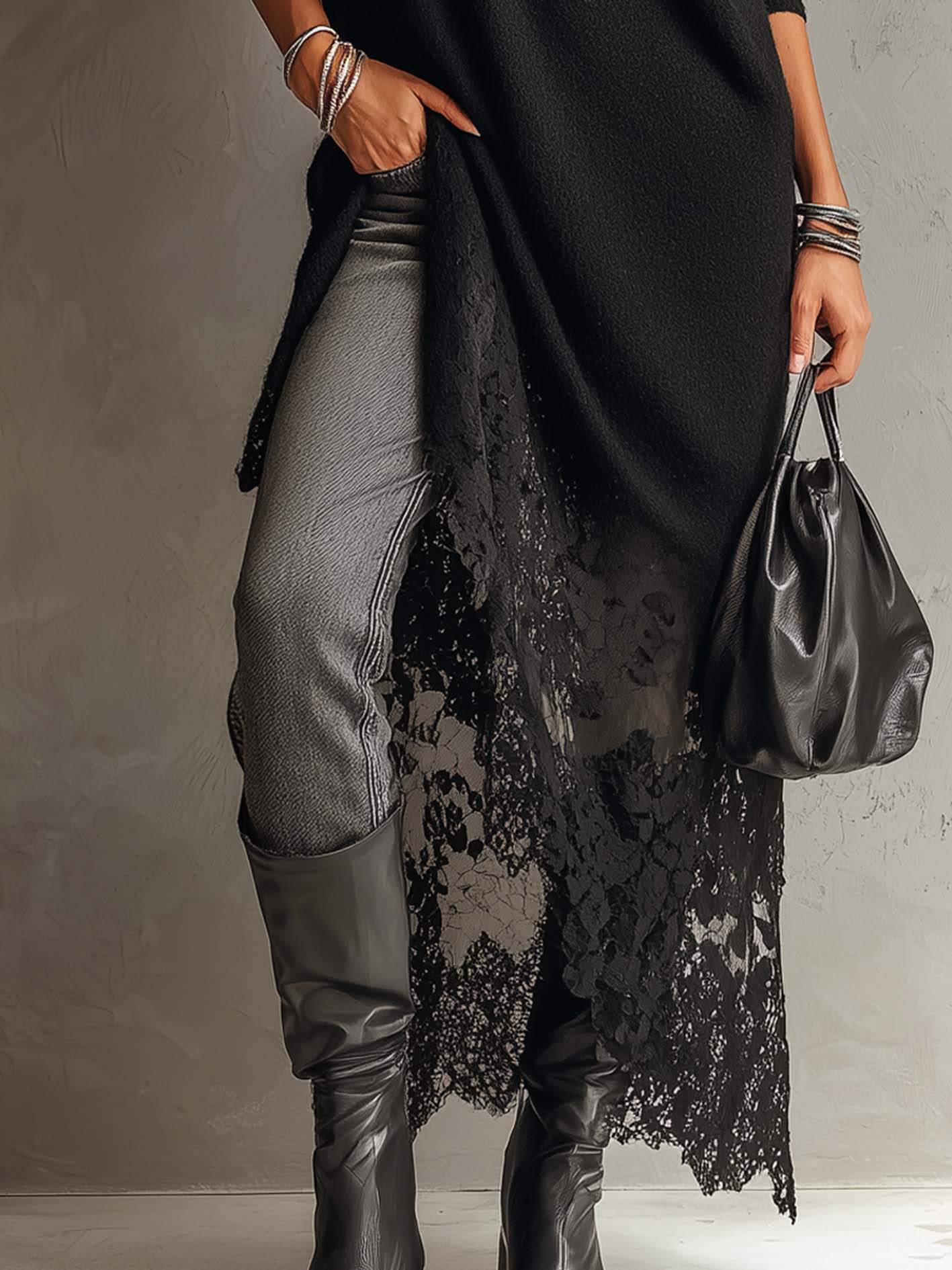 24-Hour-Shipping Black Loose Fit Mohair Knit Midi Dress With Lace Hem