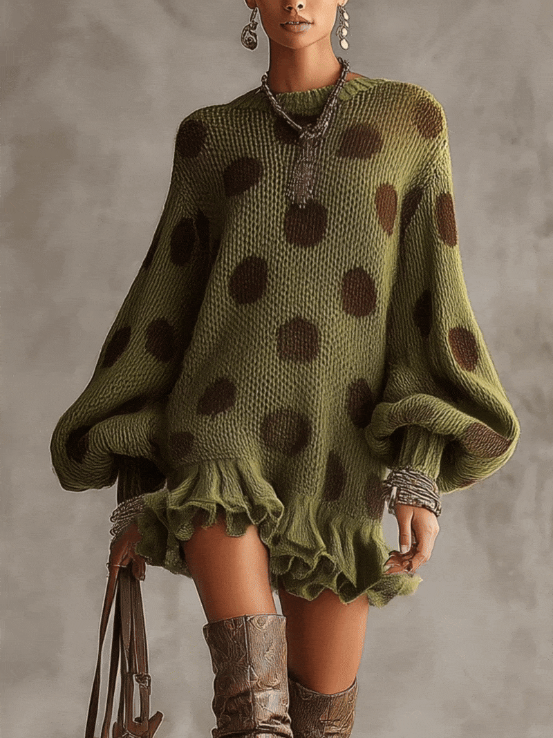 24-Hour-Shipping Green Polka Dot Oversized Knit Sweater Dress With Ruffled Hem