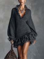 24-Hour-Shipping Gray Knit Mini Dress With Ruffled V-Neckline And Chiffon Hem