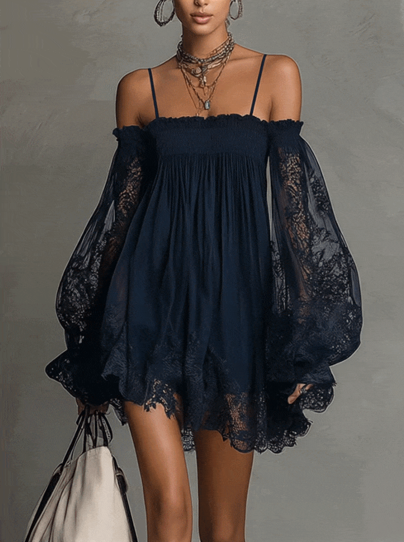 24-Hour-Shipping Navy Off-Shoulder Lace Trim Chiffon Mini Dress With Sheer Sleeves