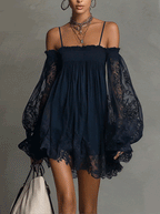 24-Hour-Shipping Navy Off-Shoulder Lace Trim Chiffon Mini Dress With Sheer Sleeves
