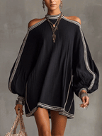 24-Hour-Shipping Black Boho Cold Shoulder Lantern Sleeve Linen Mini Dress