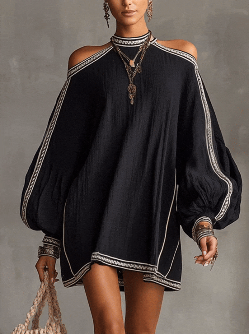 24-Hour-Shipping Black Boho Cold Shoulder Lantern Sleeve Linen Mini Dress