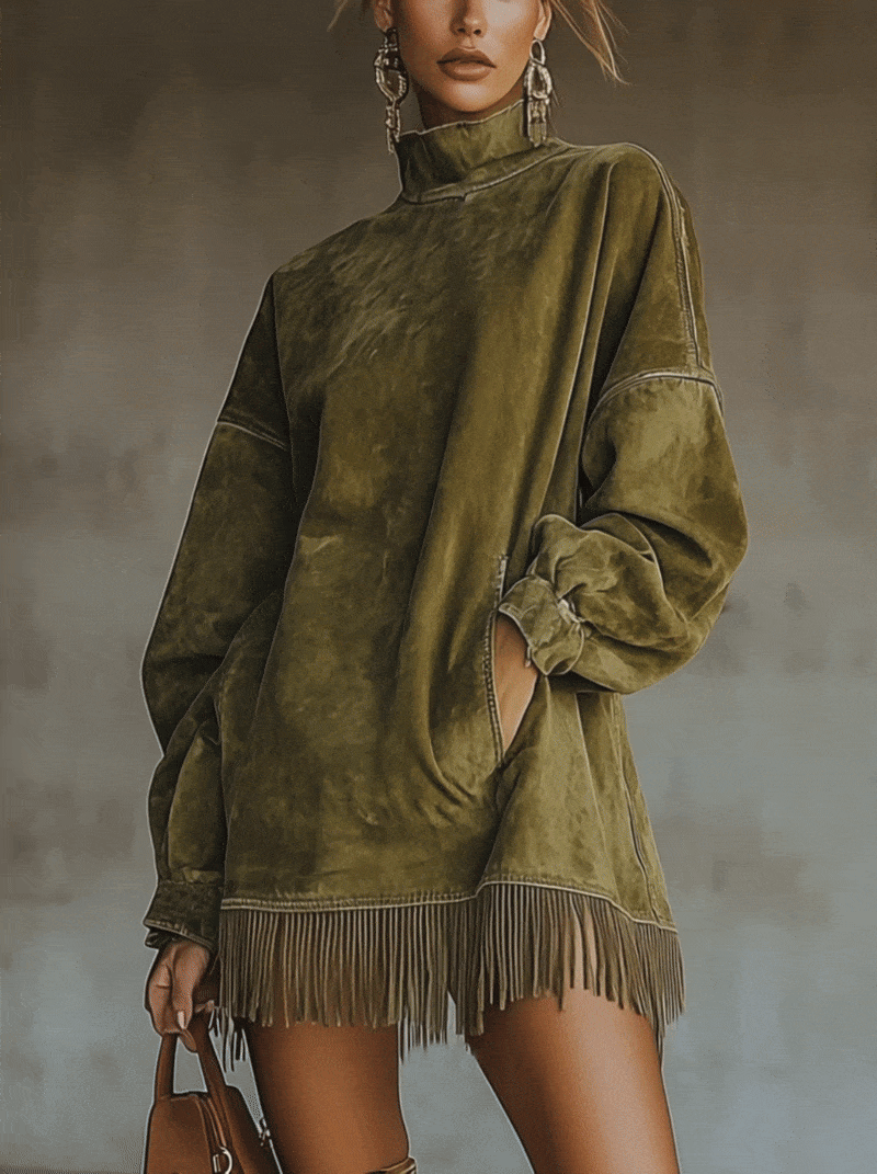 24-Hour-Shipping Olive Faux Suede Turtleneck Dress With Fringe Hem