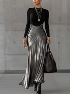 24-Hour-Shipping Black Round Neck Metallic Silver Pleated Maxi Dress