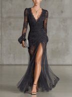 24-Hour-Shipping Black Lace Ruched Sheer Long Sleeve Slit Maxi Dress