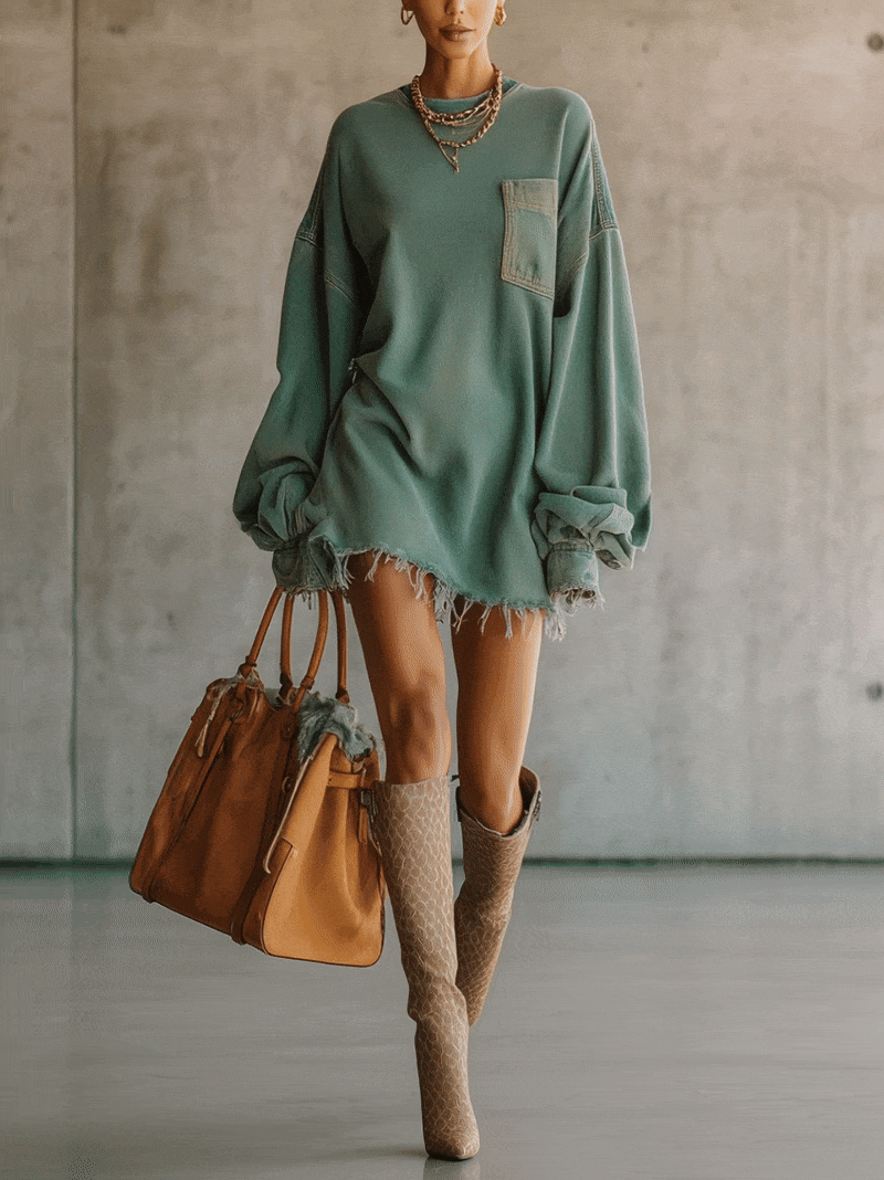 24-Hour-Shipping Green Denim Oversized Pocket Frayed Hem Mini Dress