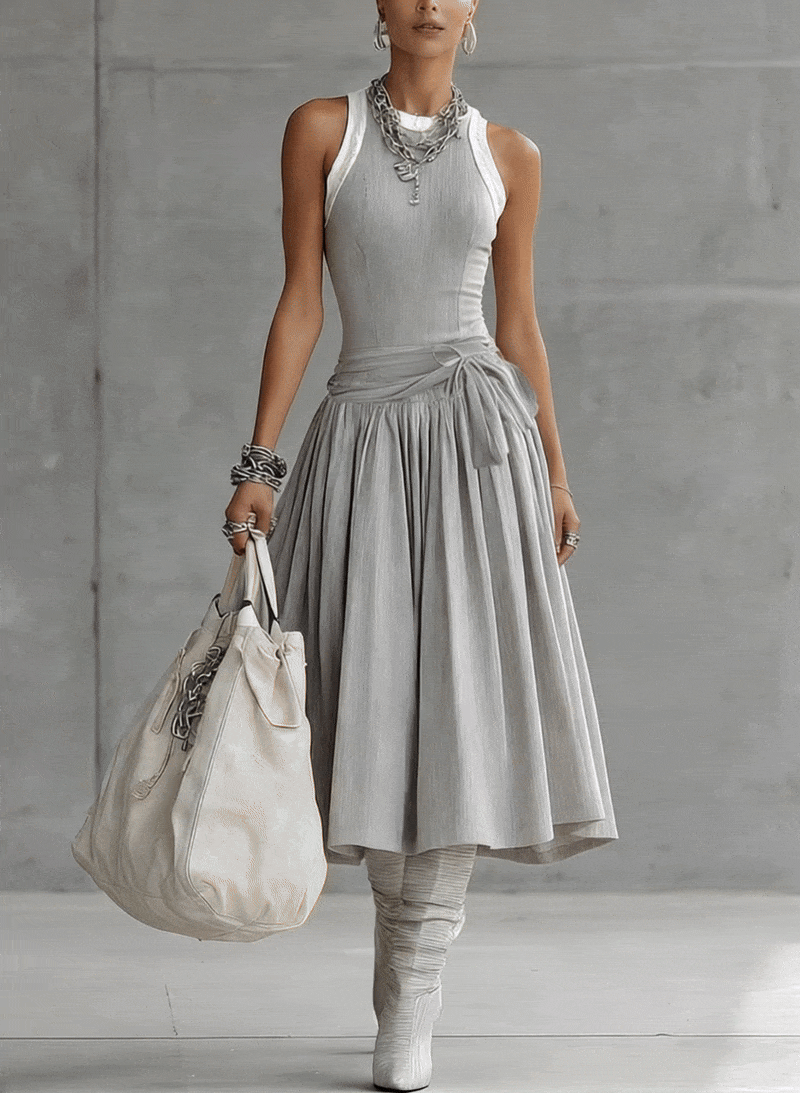 24-Hour-Shipping Gray Ribbed Tank Bodice Draped Midi Dress