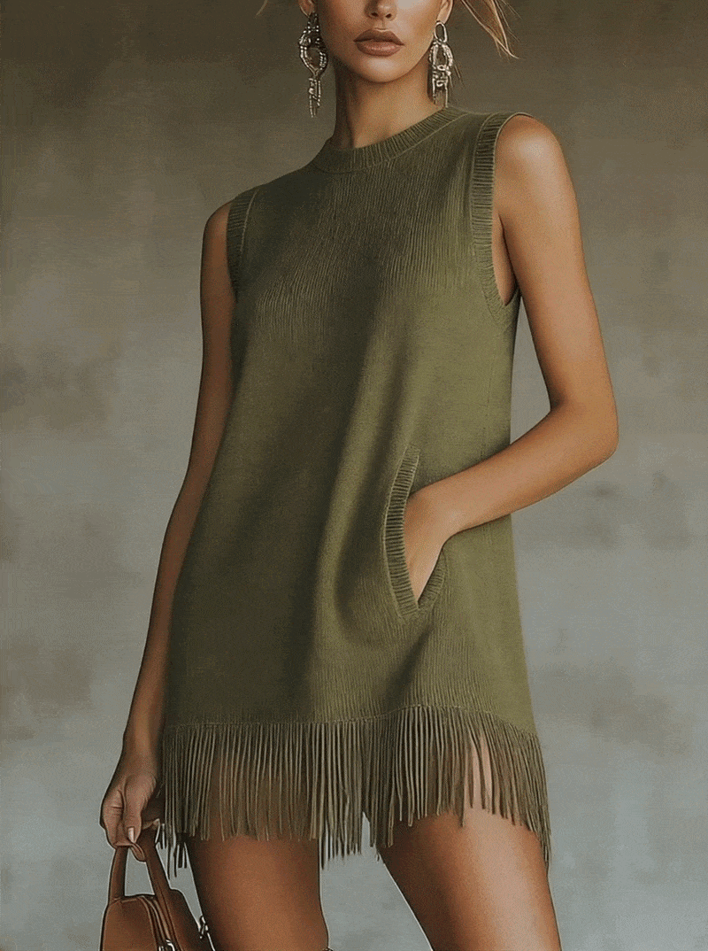 24-Hour-Shipping Olive Green Sleeveless Knit Mini Dress With Fringe Hem