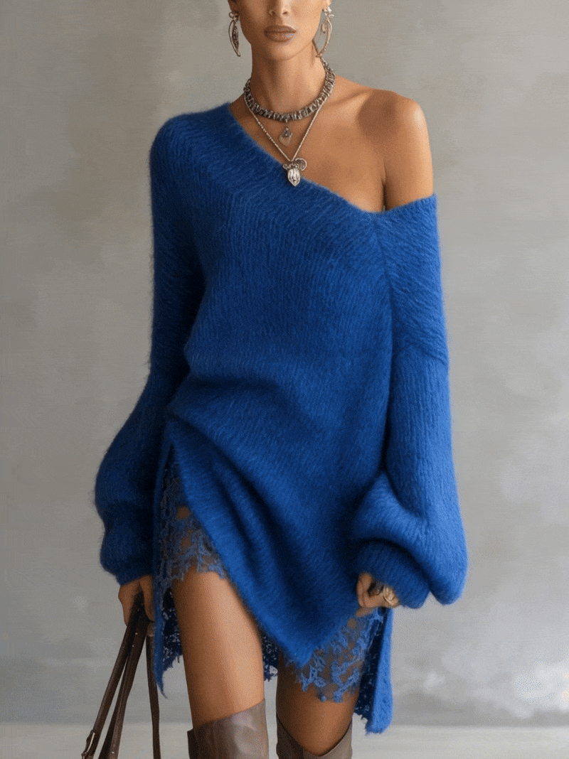 24-Hour-Shipping Blue Off‑Shoulder Mohair Sweater Dress With Lace Hem