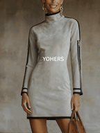 24-Hour-Shipping Gray Faux Suede Mock Neck Mini Dress With Zip Sleeve Detail