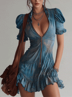 24-Hour-Shipping Blue Chiffon Floral Zip Up Mini Dress