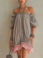 24-Hour-Shipping Gray Chiffon Off Shoulder Mini Dress With Pink Hem