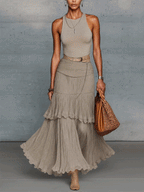 24-Hour-Shipping Oatmeal Comfortable Sleeveless Chiffon Maxi Dress Accessories Not Included