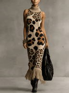 24-Hour-Shipping Brown Irregular Leopard Print Knitted Tassel Sleeveless Maxi Dress