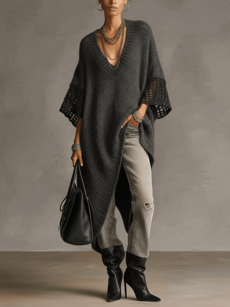 24-Hour-Shipping Gray Asymmetric Hem Loose Knit Dress With Crochet Mid Sleeves