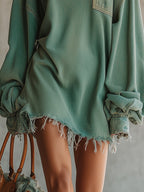 24-Hour-Shipping Green Denim Oversized Pocket Frayed Hem Mini Dress