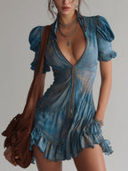 24-Hour-Shipping Blue Chiffon Floral Zip Up Mini Dress