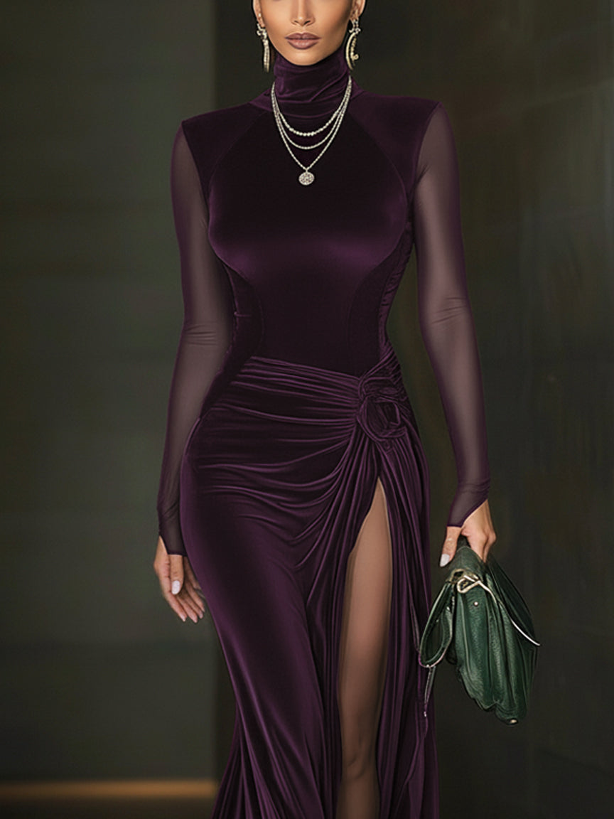 24-Hour-Shipping Emerald Green Velvet Mesh Sleeve High Slit Maxi Dress